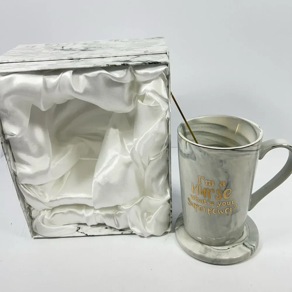 New Nurse Superpower Marble Coffee Mug Gift Set with Lid Spoon Coaster Box